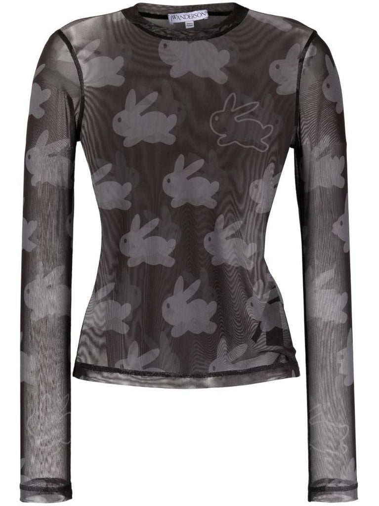 Black Bunny Print Mesh Top