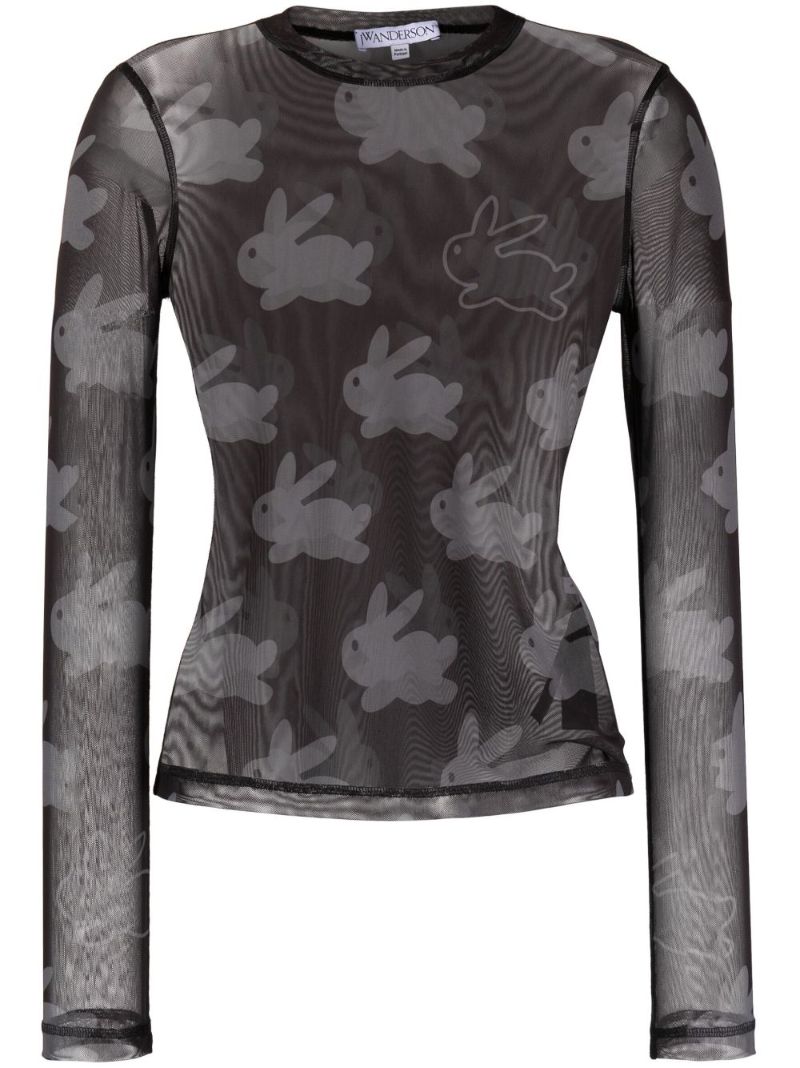 Black Bunny Print Mesh Top