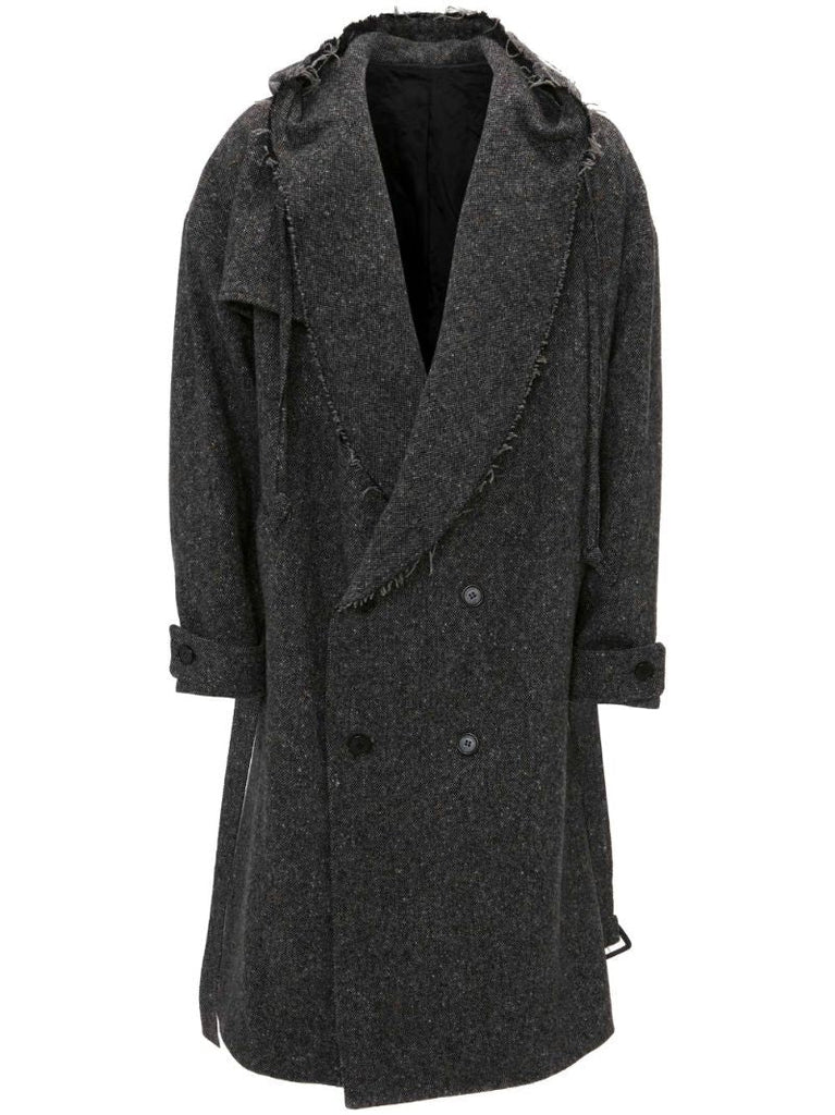 Grey Hooded Double-breasted Trench Coat