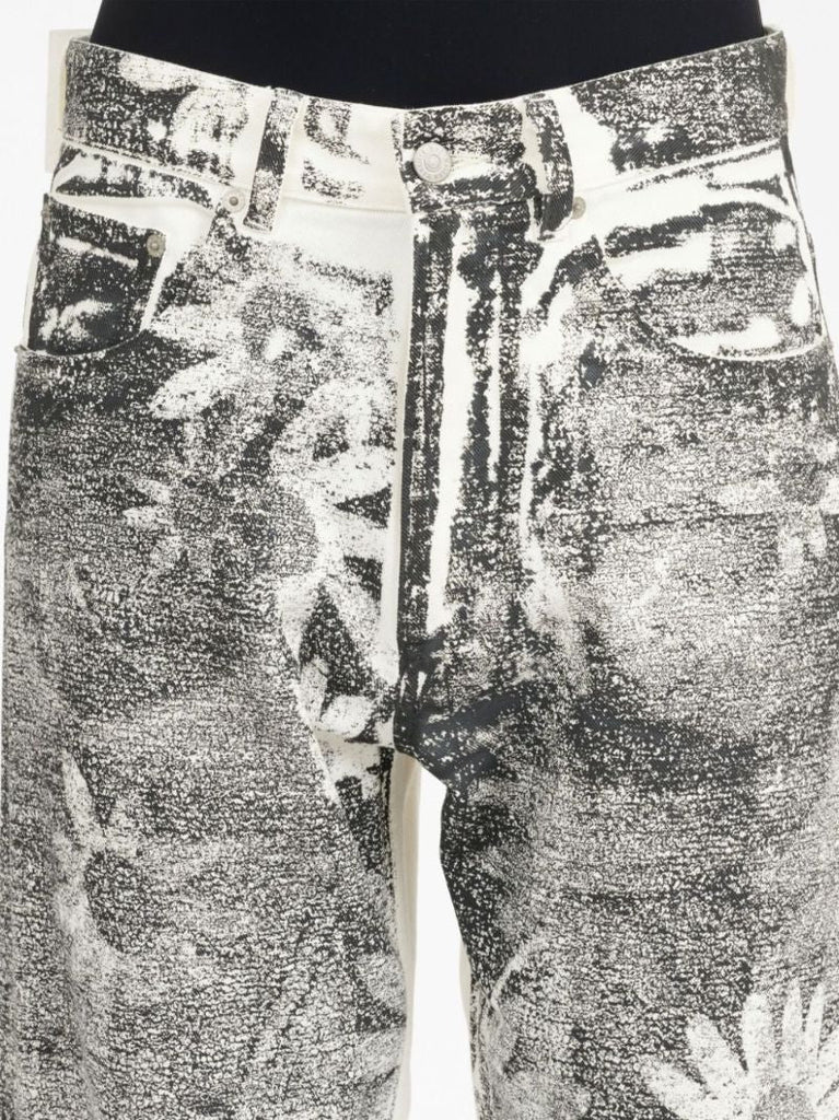 Black Floral-print Wide-leg Jeans