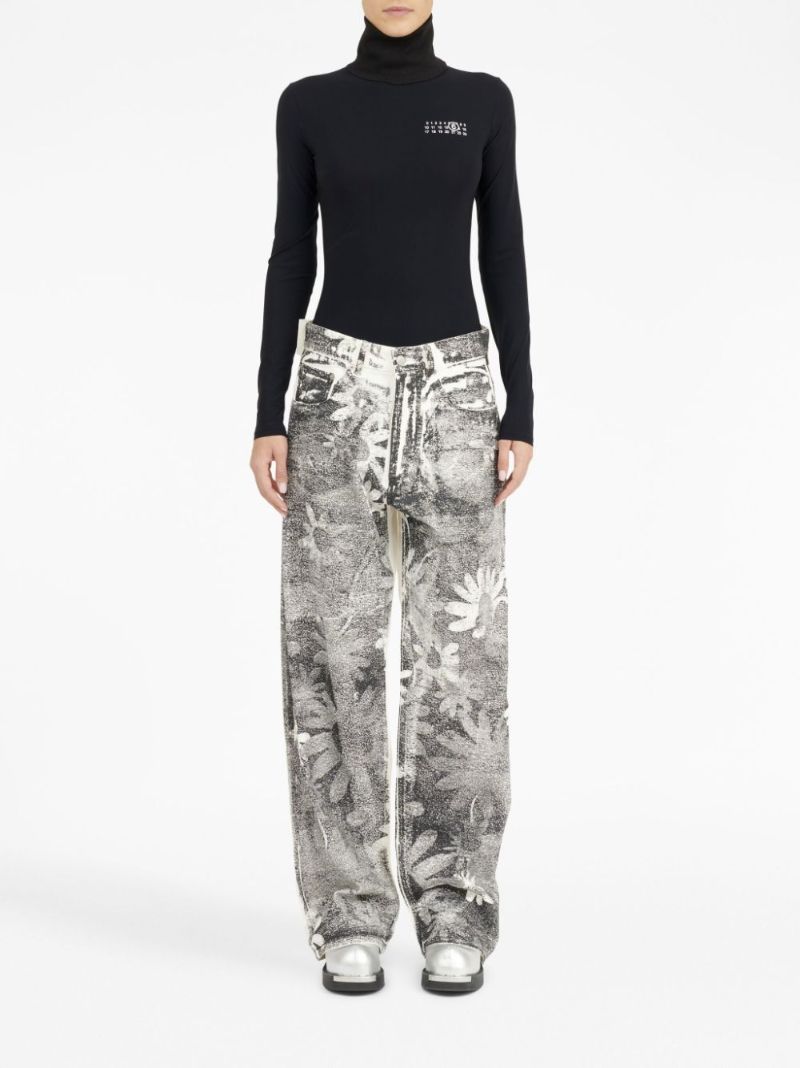 Black Floral-print Wide-leg Jeans