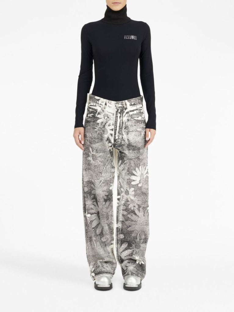 Black Floral-print Wide-leg Jeans