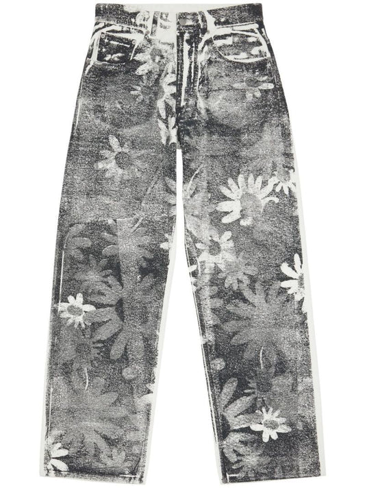 Black Floral-print Wide-leg Jeans