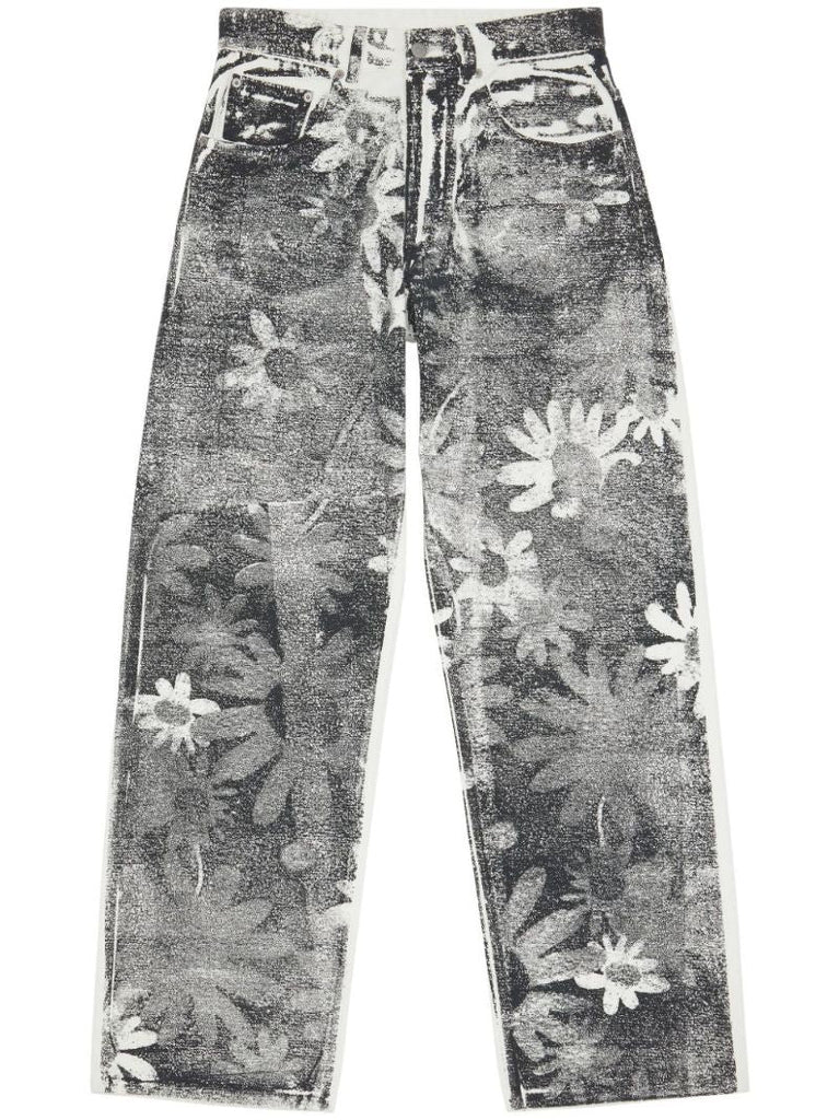 Black Floral-print Wide-leg Jeans