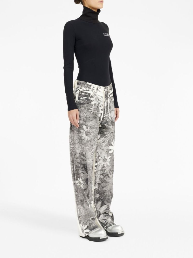Black Floral-print Wide-leg Jeans