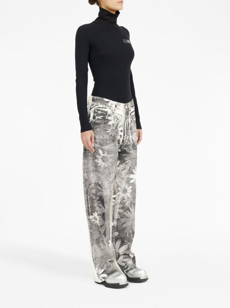 Black Floral-print Wide-leg Jeans