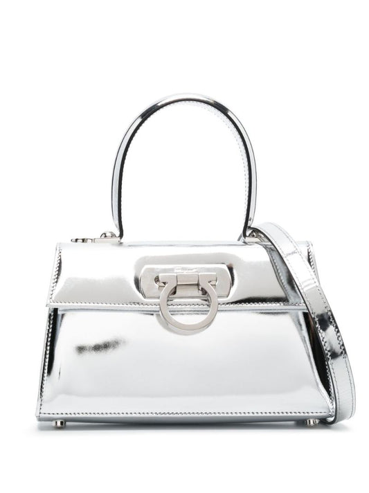 Silver Mini Leather Top Handle Bag