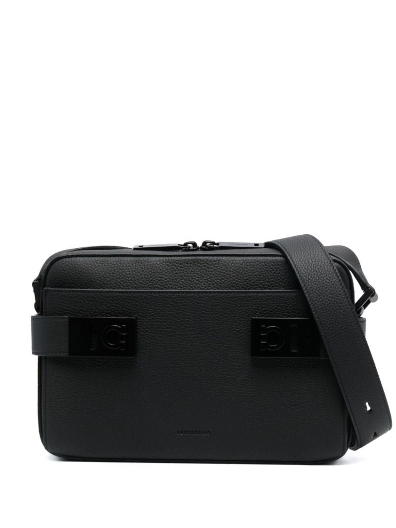 Black Gancini Plaque Leather Shoulder Bag