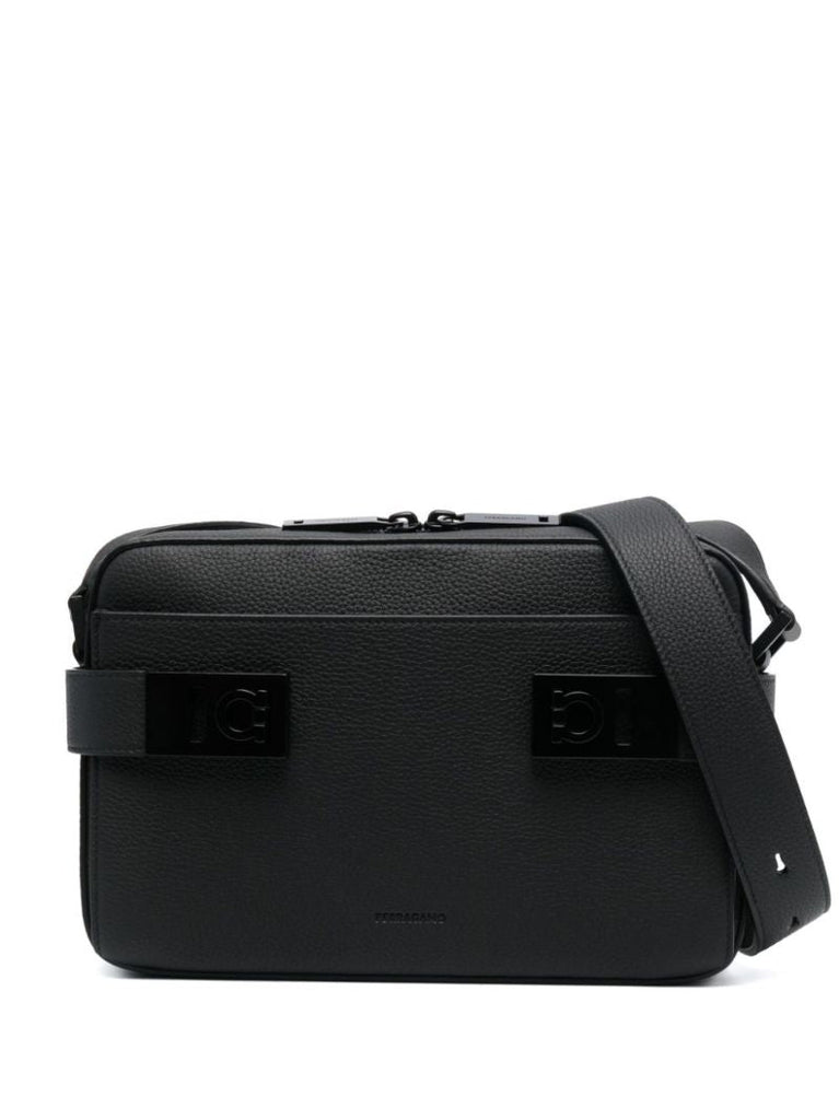 Black Gancini Plaque Leather Shoulder Bag