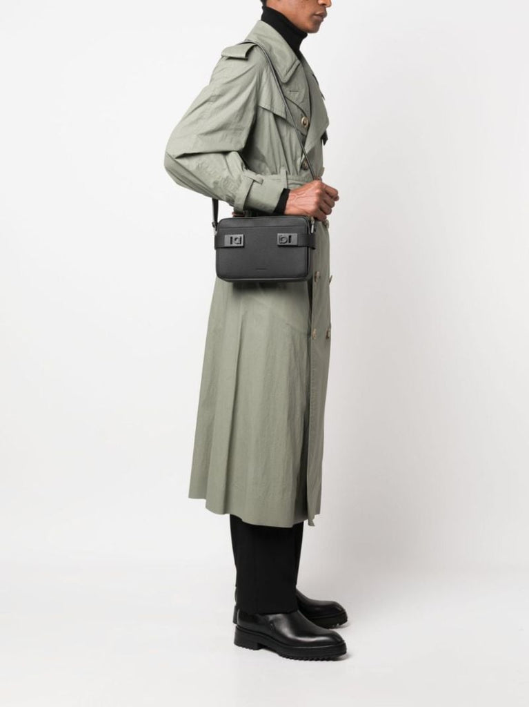 Black Gancini Plaque Leather Shoulder Bag