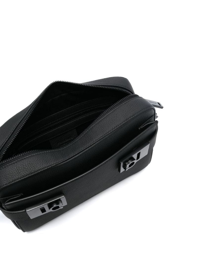 Black Gancini Plaque Leather Shoulder Bag