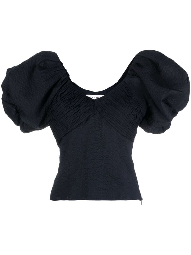 Blue Puff-sleeve Cotton Top