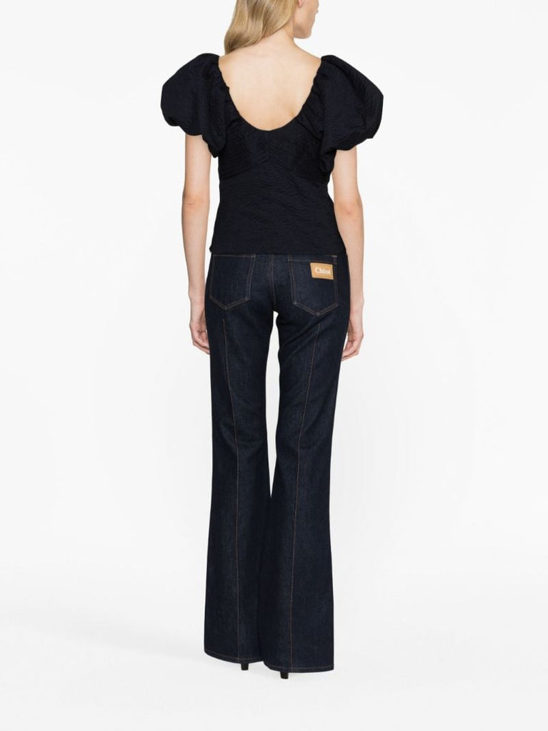 Blue Puff-sleeve Cotton Top