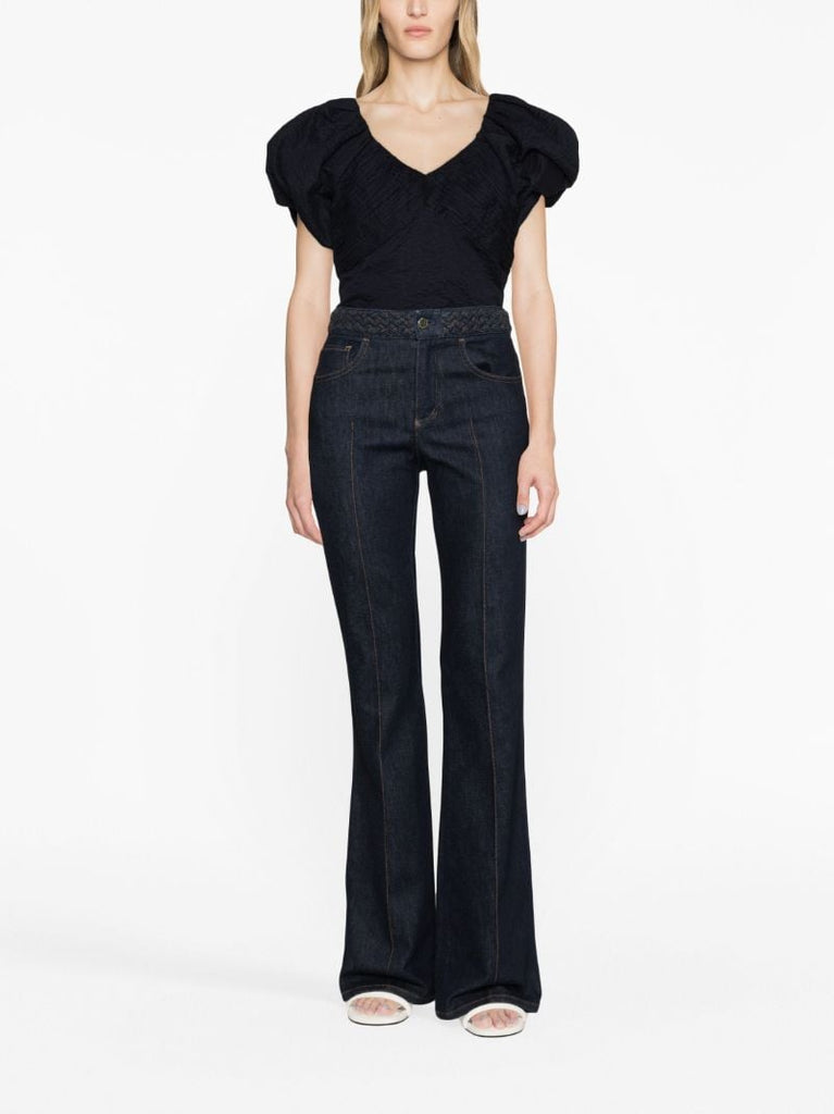 Blue Puff-sleeve Cotton Top