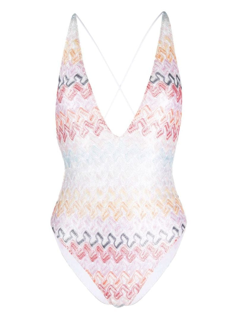 White Zigzag Knit Backless Swimsuit
