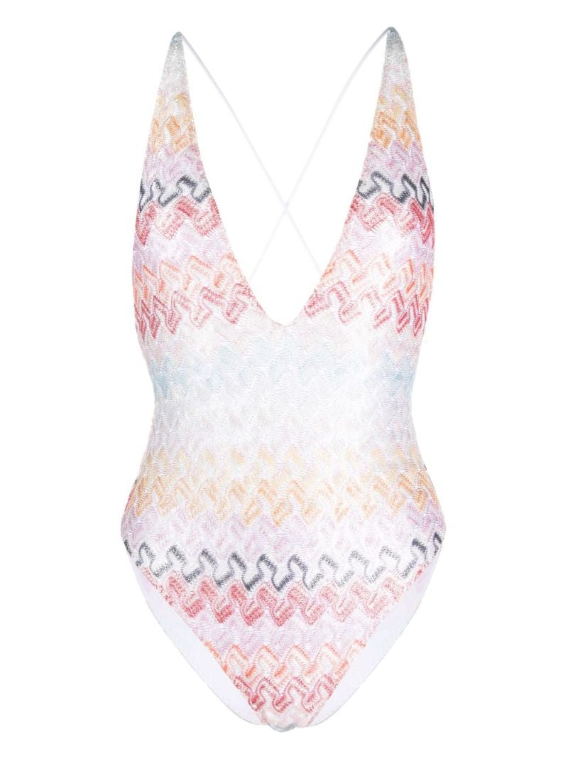 White Zigzag Knit Backless Swimsuit