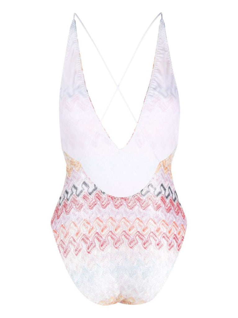 White Zigzag Knit Backless Swimsuit