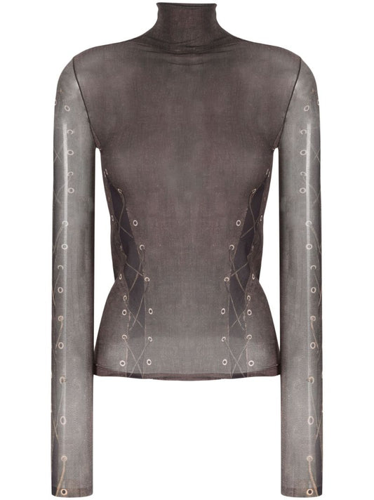 Brown Trompe L'oeil Roll-neck Top