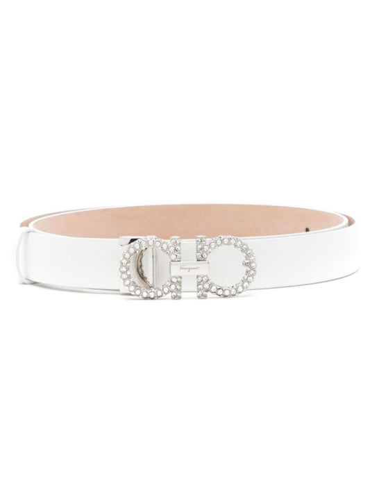 White Gancini Crystal Embellished Reversible Leather Belt