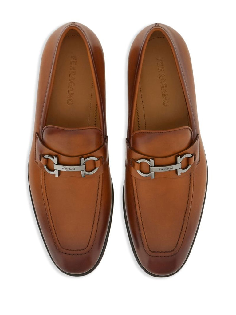Brown Gancini Plaque Leather Loafers