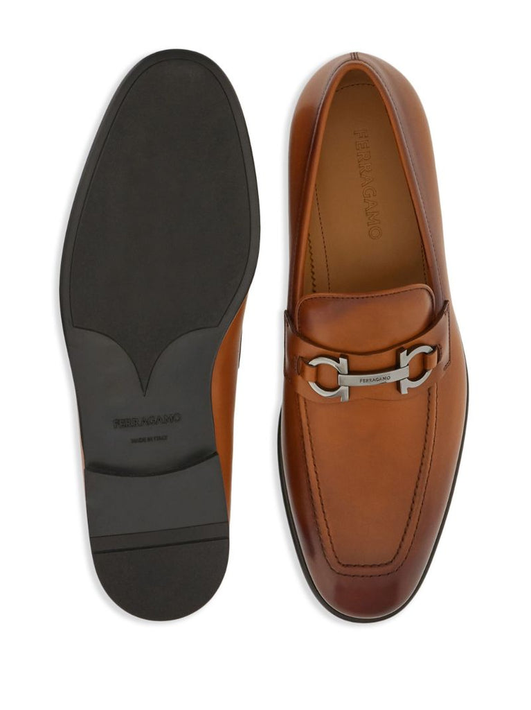 Brown Gancini Plaque Leather Loafers
