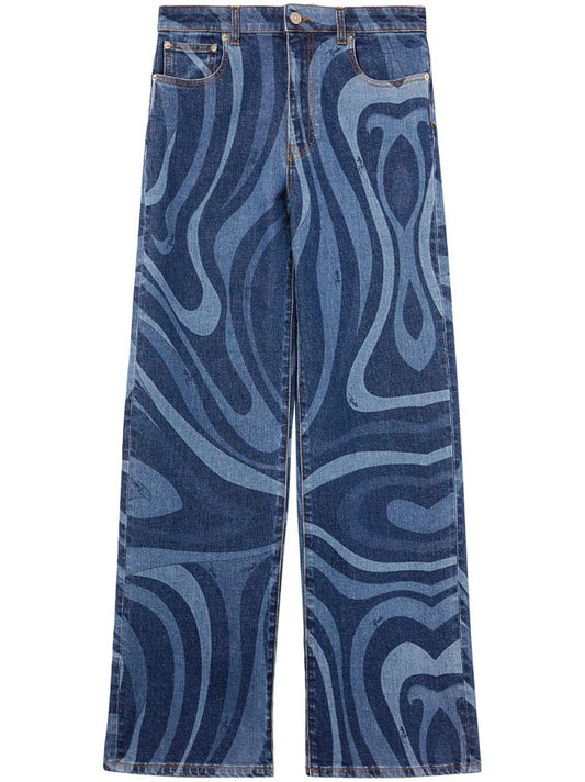 Blue Abstract Print Wide Leg Jeans
