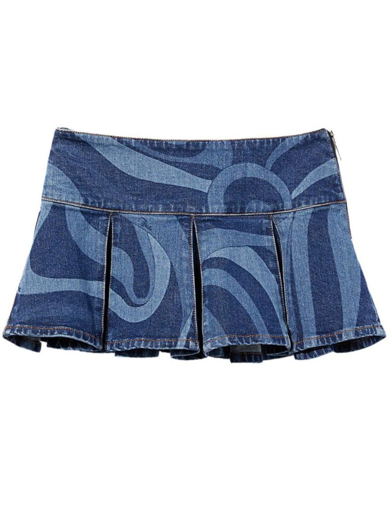 Blue Marmo-print Denim Mini Skirt