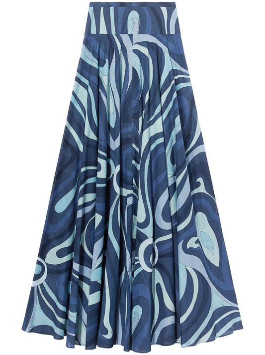 Blue Marmo Print Cotton Maxi Skirt