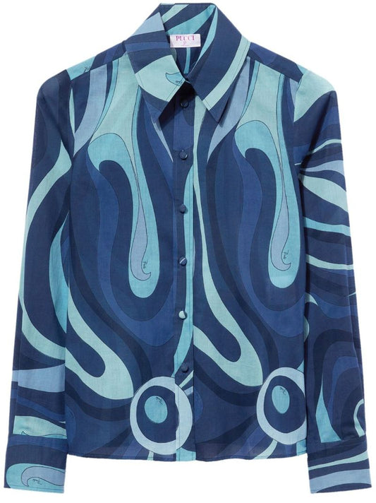 Blue Marmo-print Cotton Shirt