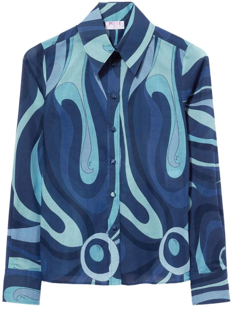 Blue Marmo-print Cotton Shirt