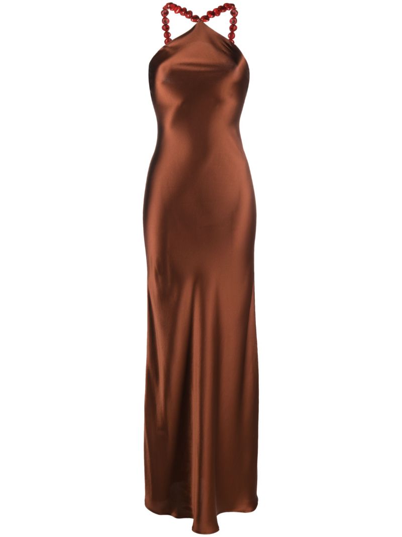Brown Cadence Beaded Satin Slip Maxi Dress