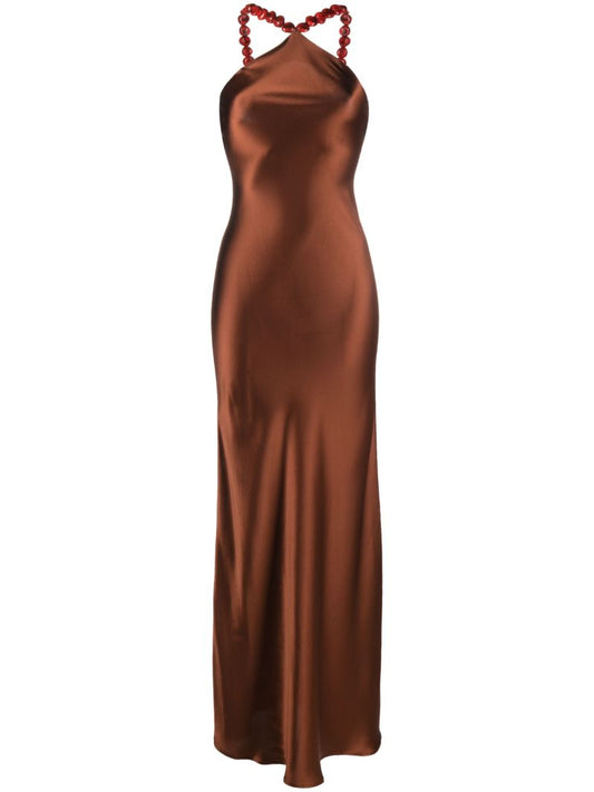 Brown Cadence Beaded Satin Slip Maxi Dress