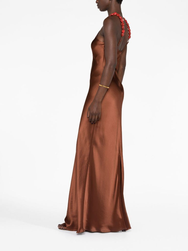 Brown Cadence Beaded Satin Slip Maxi Dress