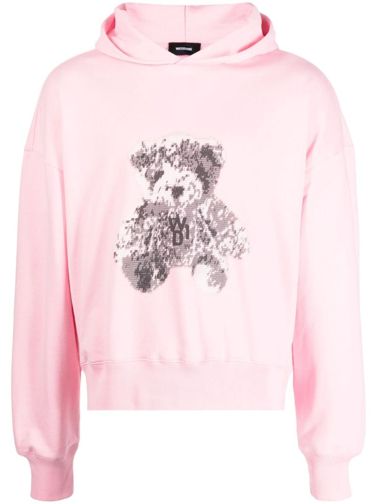Pink Teddy Bear Print Cotton Hoodie