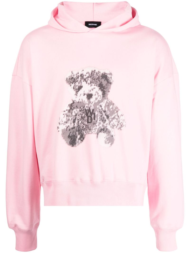 Pink Teddy Bear Print Cotton Hoodie
