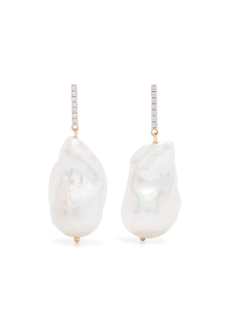 14k Yellow Gold Pearl and Diamond Drop Earrings