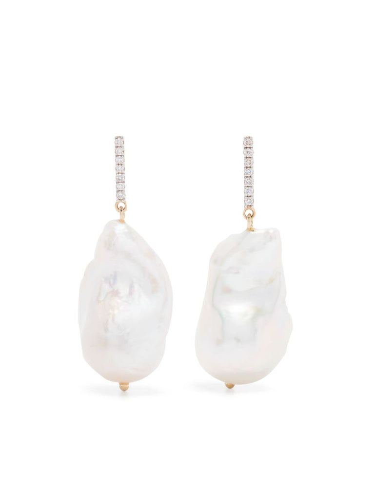 14k Yellow Gold Pearl and Diamond Drop Earrings