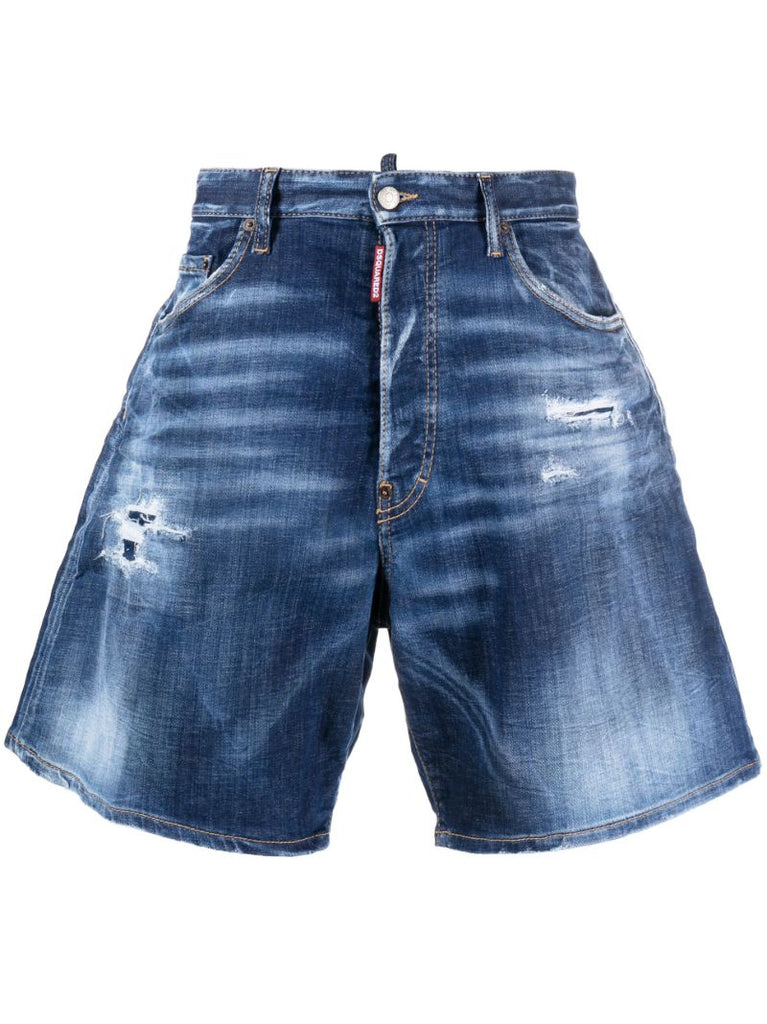 Blue Distressed Effect Denim Shorts