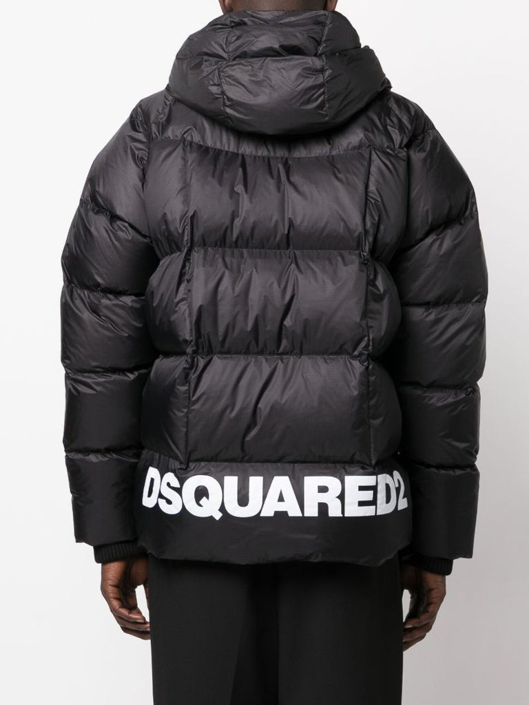 Black Logo Print Hooded Down Jacket