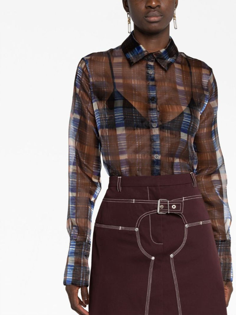 Brown Checked Organza Shirt