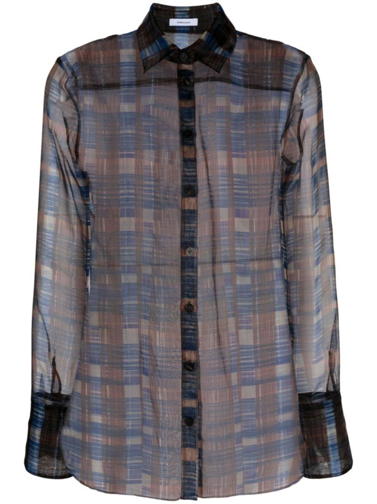 Brown Checked Organza Shirt