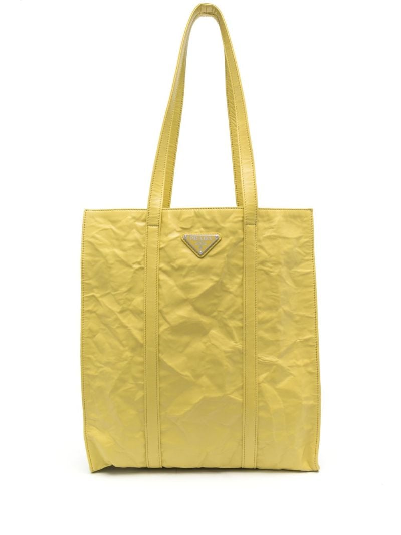 Yellow Logo Plaque Leather Tote Bag