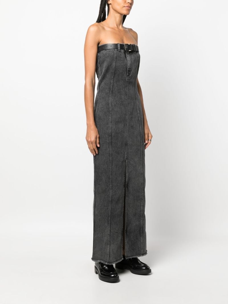 Grey Belted Strapless Denim Dress