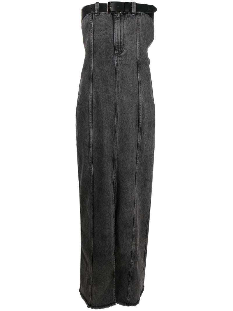 Grey Belted Strapless Denim Dress