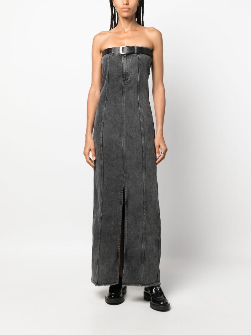 Grey Belted Strapless Denim Dress