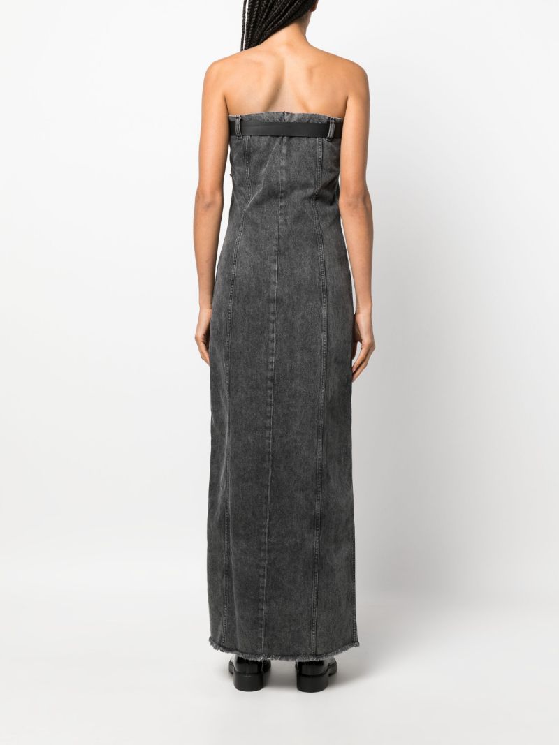 Grey Belted Strapless Denim Dress