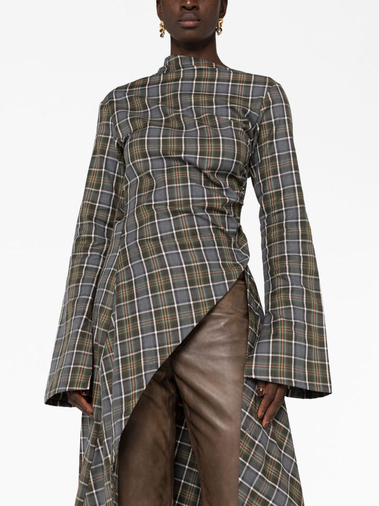 Grey Plaid-print Asymmetric Dress