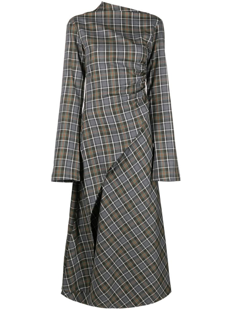 Grey Plaid-print Asymmetric Dress
