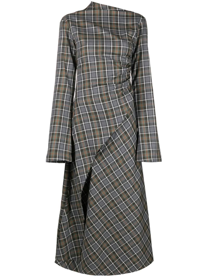 Grey Plaid-print Asymmetric Dress