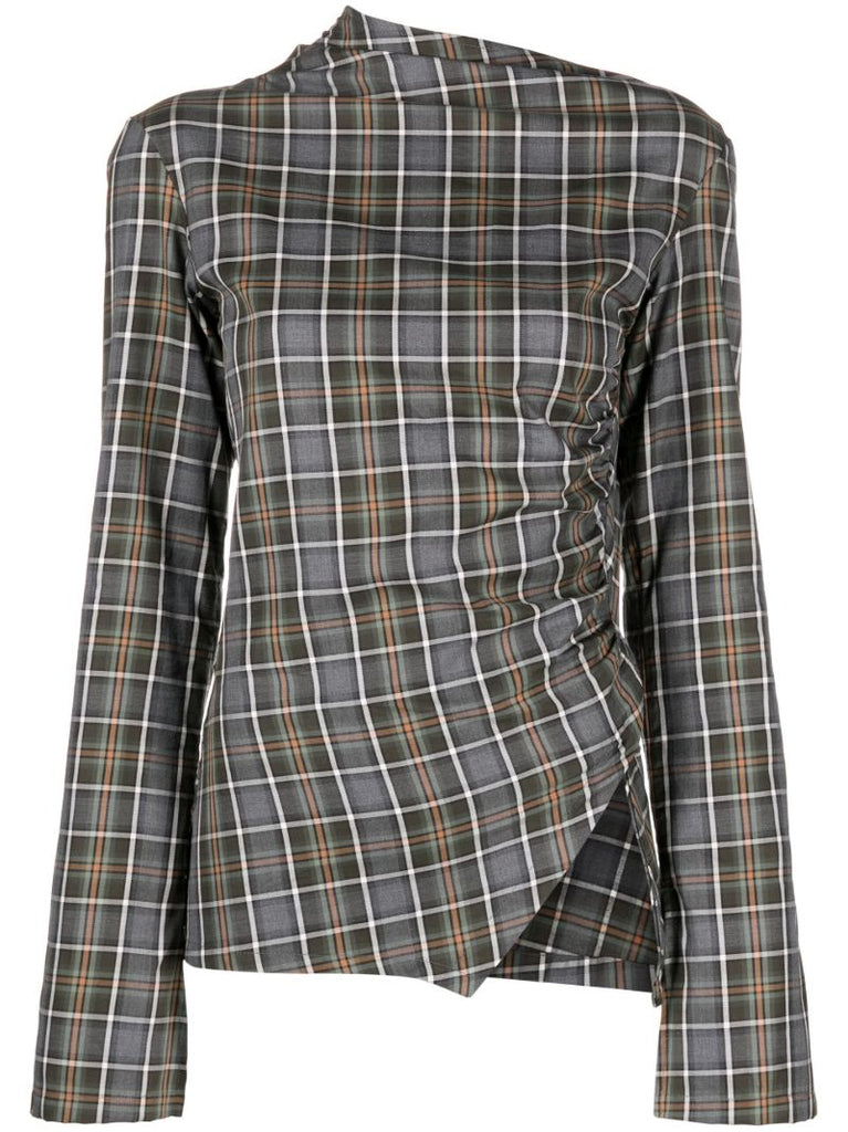 Grey Plaid-print Asymmetric Top